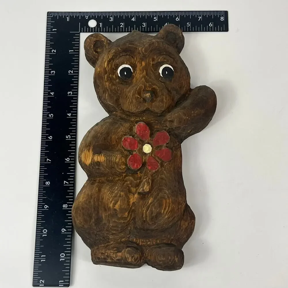 Vintage Handmade Wooden Bear Carved Hand Painted Wall Hanging Decor Red Flower